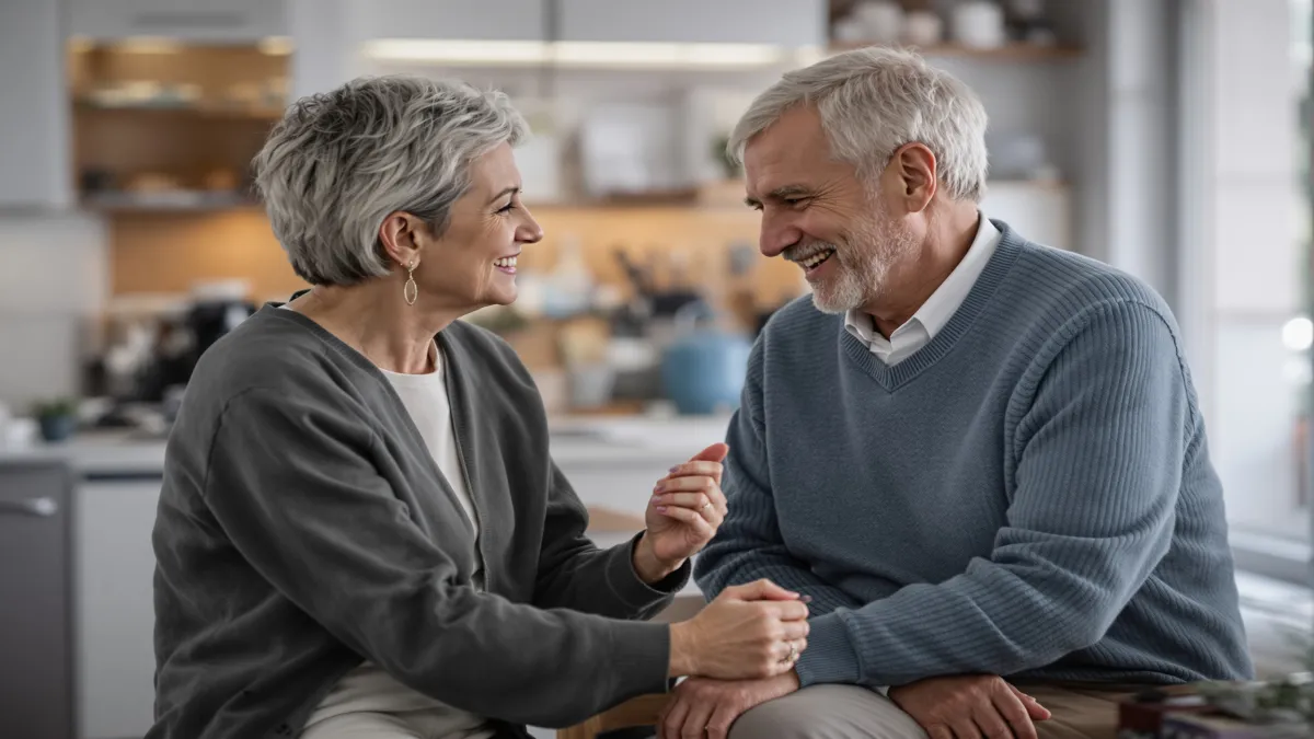 Couple âgé souriant et discutant dans la cuisine.